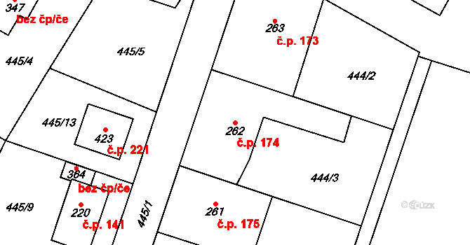 Rychaltice 174, Hukvaldy na parcele st. 262 v KÚ Rychaltice, Katastrální mapa