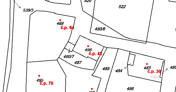 Zaječov 42 na parcele st. 496 v KÚ Zaječov, Katastrální mapa