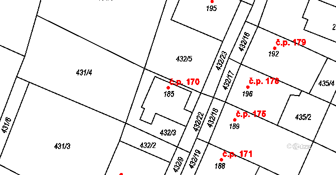 Křešice 170 na parcele st. 185 v KÚ Křešice u Litoměřic, Katastrální mapa