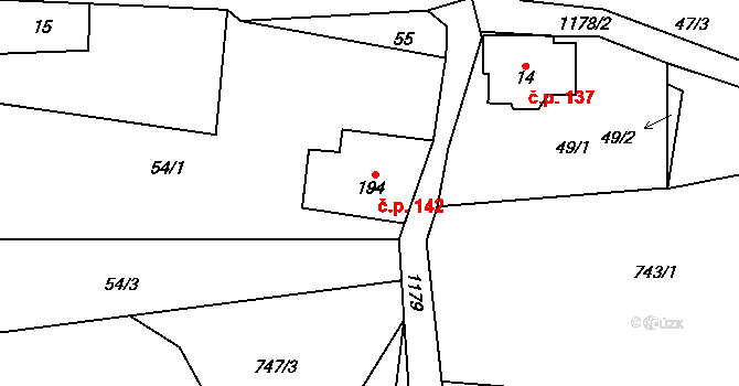 Těchonín 142 na parcele st. 194 v KÚ Těchonín, Katastrální mapa