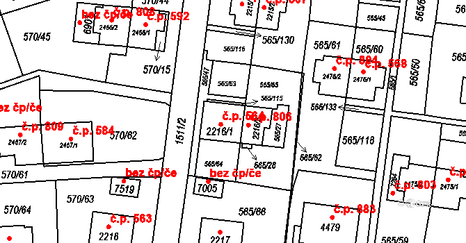 Borovina 564, Třebíč na parcele st. 2216/1 v KÚ Třebíč, Katastrální mapa