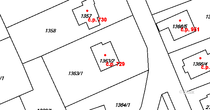 Brušperk 729 na parcele st. 1363/2 v KÚ Brušperk, Katastrální mapa