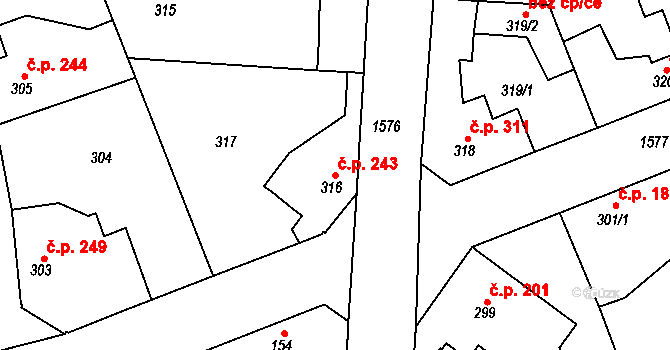 Řeporyje 243, Praha na parcele st. 316 v KÚ Řeporyje, Katastrální mapa