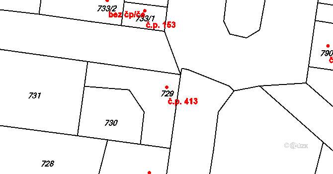 Suchdol nad Lužnicí 413 na parcele st. 729 v KÚ Suchdol nad Lužnicí, Katastrální mapa