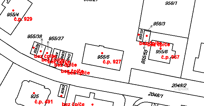 Košíře 927, Praha na parcele st. 955/5 v KÚ Košíře, Katastrální mapa