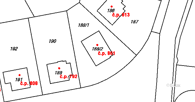 Kyje 861, Praha na parcele st. 188/2 v KÚ Kyje, Katastrální mapa