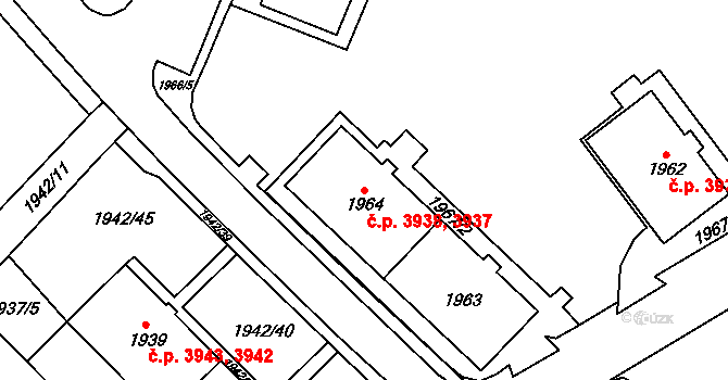 Chomutov 3937,3938 na parcele st. 1963 v KÚ Chomutov I, Katastrální mapa