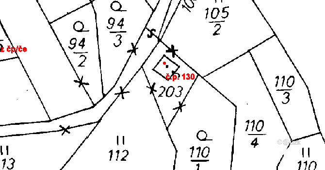 Jeřmanice 130 na parcele st. 203 v KÚ Jeřmanice, Katastrální mapa