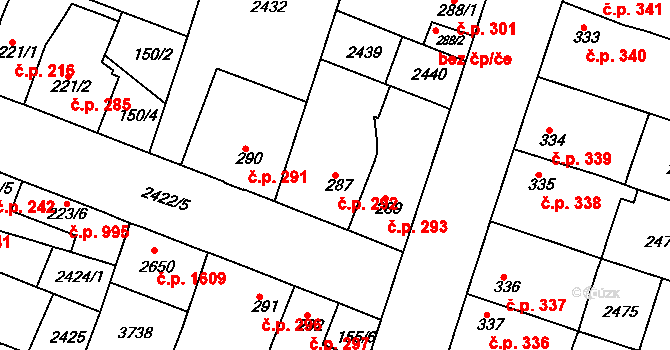 Rosice 292 na parcele st. 287 v KÚ Rosice u Brna, Katastrální mapa