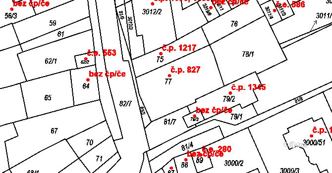 Šlapanice 827 na parcele st. 77 v KÚ Šlapanice u Brna, Katastrální mapa