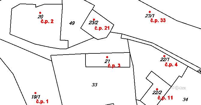 Klášter nad Dědinou 3, Ledce na parcele st. 21 v KÚ Klášter nad Dědinou, Katastrální mapa