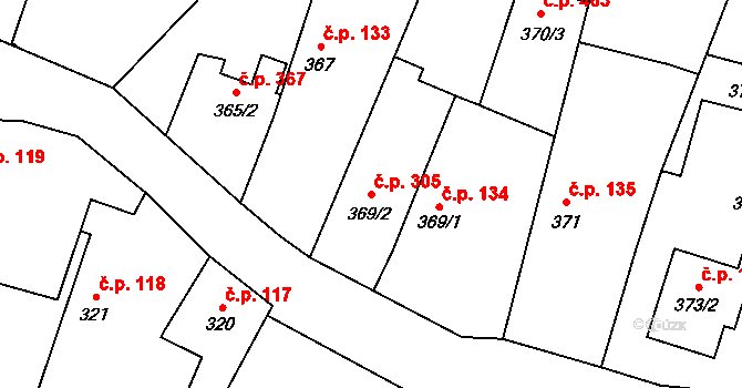 Malé Hoštice 305, Opava na parcele st. 369/2 v KÚ Malé Hoštice, Katastrální mapa