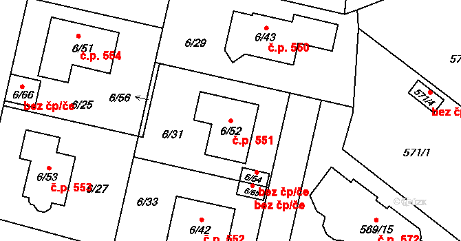 Újezd 551, Plzeň na parcele st. 6/52 v KÚ Újezd, Katastrální mapa