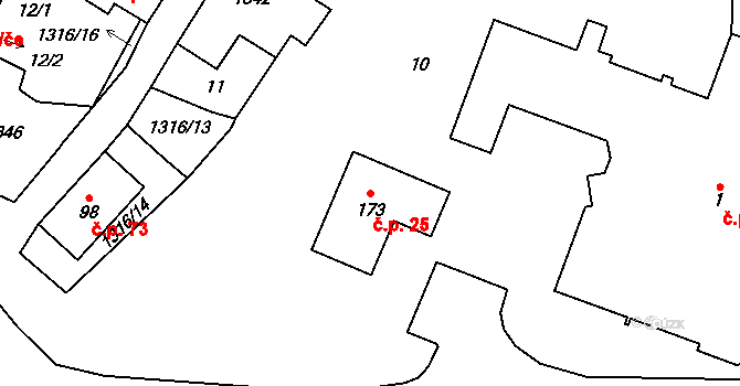 Velký Ratmírov 25 na parcele st. 173 v KÚ Velký Ratmírov, Katastrální mapa
