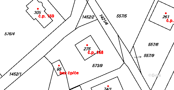 Hybrálec 148 na parcele st. 275 v KÚ Hybrálec, Katastrální mapa