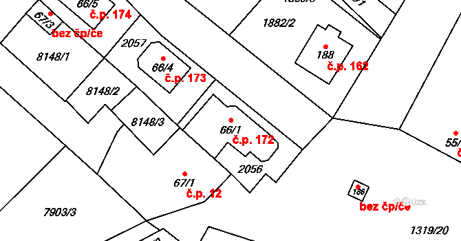 Křídlůvky 172 na parcele st. 66/1 v KÚ Křídlůvky, Katastrální mapa