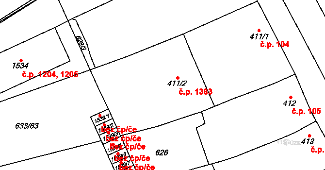Kojetín I-Město 1383, Kojetín na parcele st. 411/2 v KÚ Kojetín, Katastrální mapa