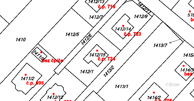 Troubsko 724 na parcele st. 1412/15 v KÚ Troubsko, Katastrální mapa