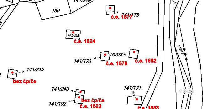 Červený Hrádek 1578, Jirkov na parcele st. 141/173 v KÚ Červený Hrádek u Jirkova, Katastrální mapa