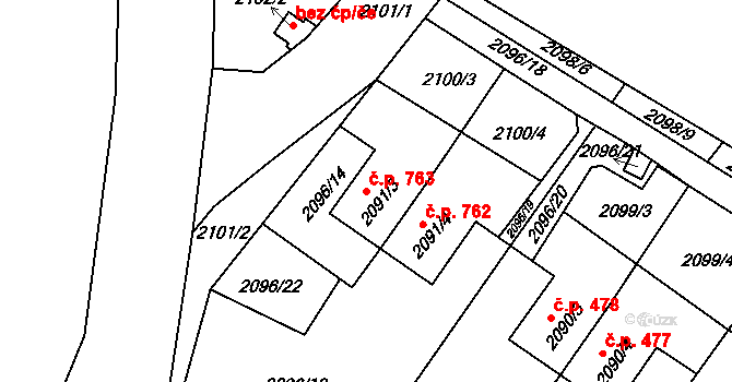 Bystřice nad Pernštejnem 763 na parcele st. 2091/3 v KÚ Bystřice nad Pernštejnem, Katastrální mapa