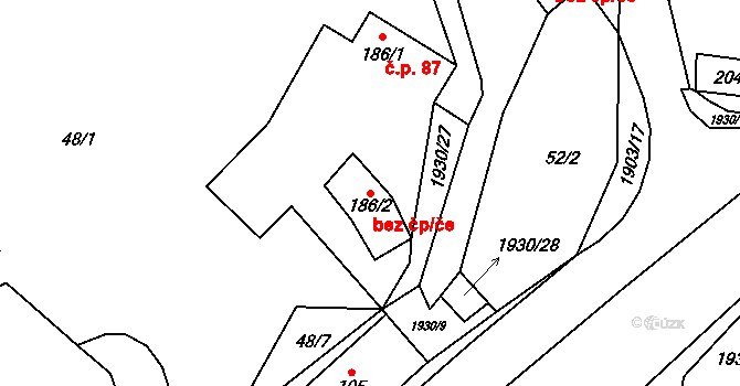 Bohuslavice u Zlína 47734701 na parcele st. 186/2 v KÚ Bohuslavice u Zlína, Katastrální mapa