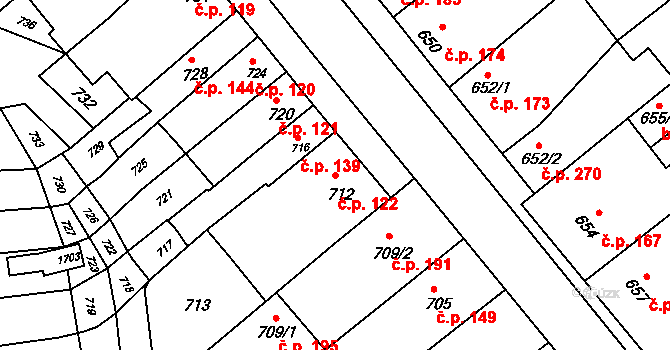 Pustiměřské Prusy 122, Pustiměř na parcele st. 712 v KÚ Pustiměř, Katastrální mapa