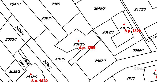 Komín 1299, Brno na parcele st. 2043/5 v KÚ Komín, Katastrální mapa