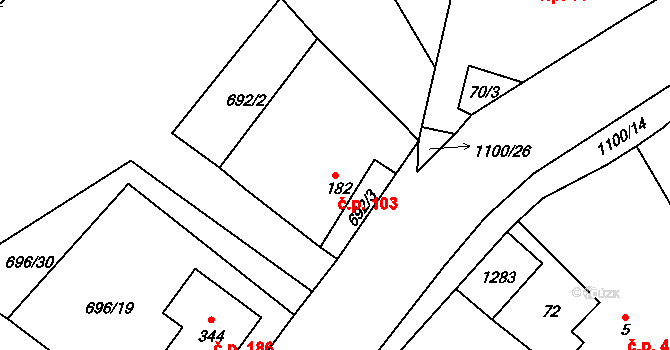 Jestřabí Lhota 103 na parcele st. 182 v KÚ Jestřabí Lhota, Katastrální mapa