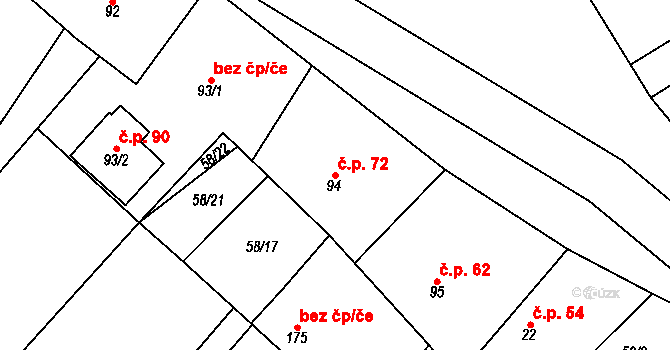 Horní Počaply 72 na parcele st. 94 v KÚ Horní Počaply, Katastrální mapa