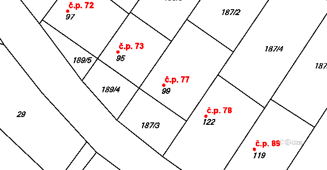 Platěnice 77, Moravany na parcele st. 99 v KÚ Platěnice, Katastrální mapa