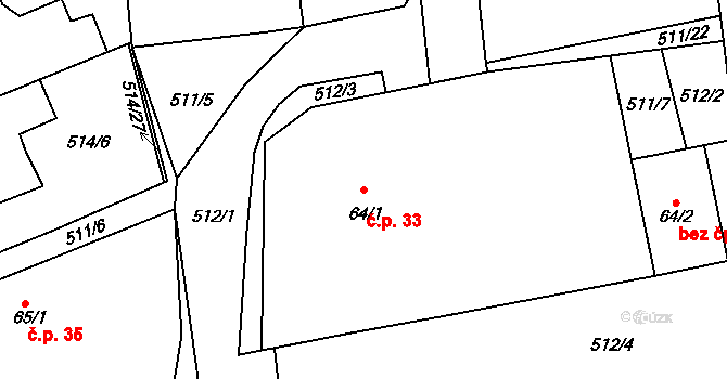 Brozany 33, Staré Hradiště na parcele st. 64/1 v KÚ Brozany nad Labem, Katastrální mapa