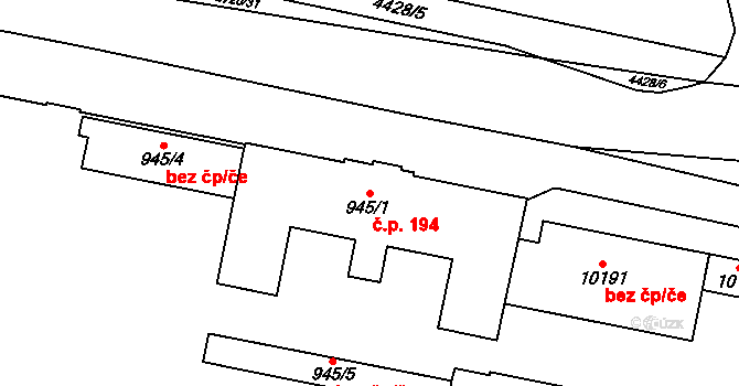 Bílé Předměstí 194, Pardubice na parcele st. 945/1 v KÚ Pardubice, Katastrální mapa