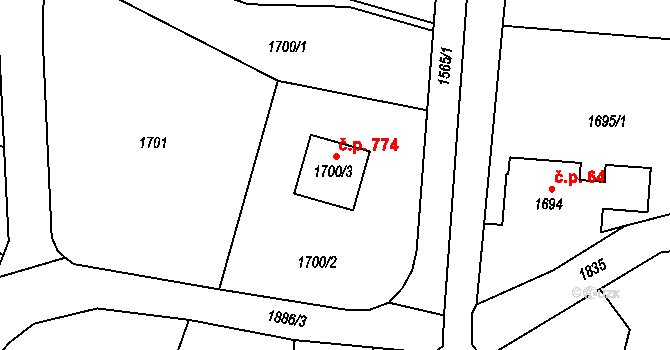 Rapotín 774 na parcele st. 1700/3 v KÚ Rapotín, Katastrální mapa