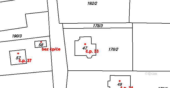 Dolní Miletín 33, Lišov na parcele st. 47 v KÚ Dolní Miletín, Katastrální mapa