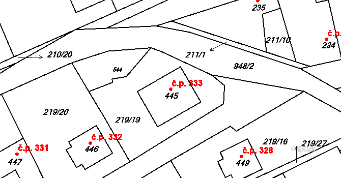 Peruc 333 na parcele st. 445 v KÚ Peruc, Katastrální mapa