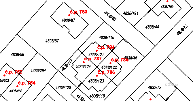 Sviadnov 784 na parcele st. 4838/121 v KÚ Sviadnov, Katastrální mapa