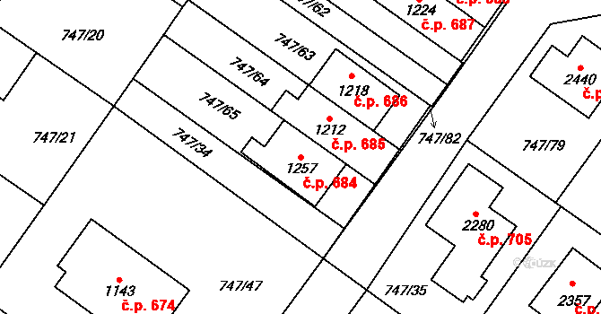 Přibyslav 684 na parcele st. 1257 v KÚ Přibyslav, Katastrální mapa