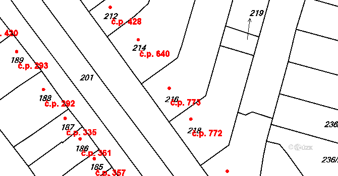 Velké Pavlovice 773 na parcele st. 216 v KÚ Velké Pavlovice, Katastrální mapa