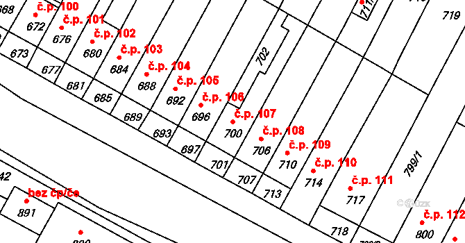 Rychlov 107, Bystřice pod Hostýnem na parcele st. 700 v KÚ Rychlov u Bystřice pod Hostýnem, Katastrální mapa
