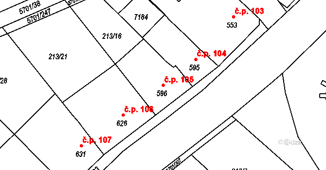 Hrádek 105 na parcele st. 596 v KÚ Hrádek u Znojma, Katastrální mapa