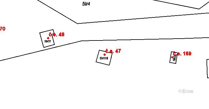 Jazovice 47, Starý Petřín na parcele st. 59/116 v KÚ Jazovice, Katastrální mapa