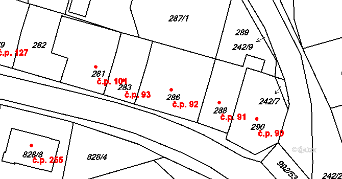 Srubec 92 na parcele st. 286 v KÚ Srubec, Katastrální mapa