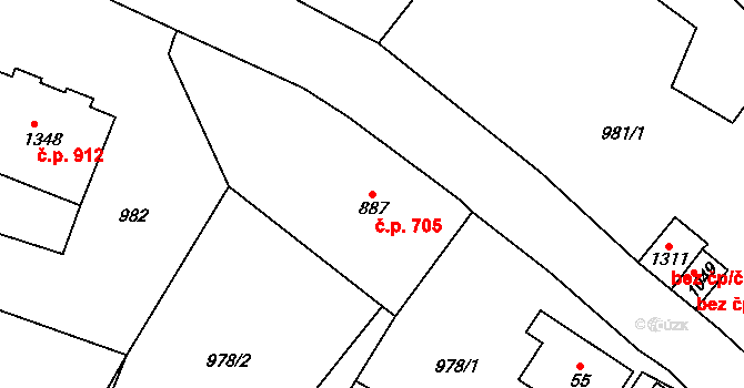 Polubný 705, Kořenov na parcele st. 887 v KÚ Polubný, Katastrální mapa