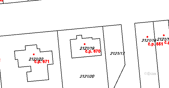 Vacenovice 670 na parcele st. 2121/19 v KÚ Vacenovice u Kyjova, Katastrální mapa