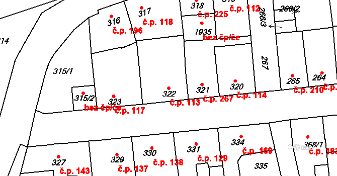 Švermov 113, Kladno na parcele st. 322 v KÚ Motyčín, Katastrální mapa