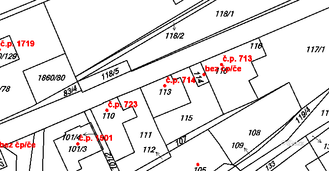 Švermov 714, Kladno na parcele st. 113 v KÚ Motyčín, Katastrální mapa