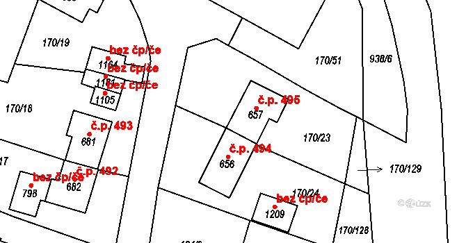 Košťany 495 na parcele st. 657 v KÚ Košťany, Katastrální mapa
