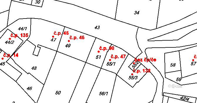 Horní Lhota 90, Blansko na parcele st. 51 v KÚ Horní Lhota u Blanska, Katastrální mapa