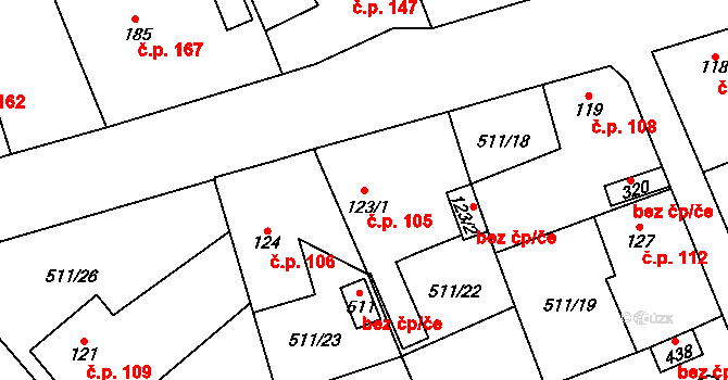 Tlustice 105 na parcele st. 123/1 v KÚ Tlustice, Katastrální mapa