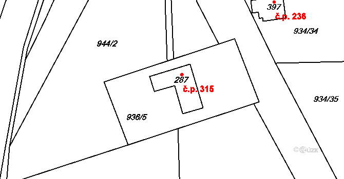 Chvalčov 315 na parcele st. 287 v KÚ Chvalčov, Katastrální mapa